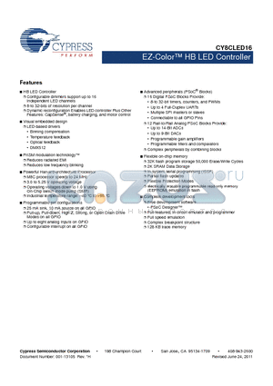 CY8CLED02 datasheet - EZ-Color HB LED Controller Visual embedded design Binning compensation