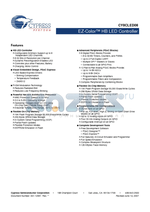 CY8CLED08 datasheet - EZ-Color HB LED Controller