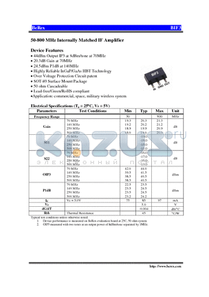 BIF3 datasheet - 50-800 MHz Internally Matched IF Amplifier