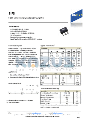 BIF3_1 datasheet - 5-800 MHz Internally Matched IF Amplifier