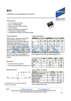 BIF1 datasheet - 5-800 MHz Internally Matched IF Amplifier