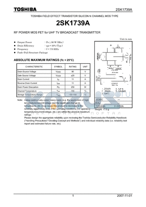2SK1739A datasheet - FIELD EFFECT TRANSISTOR SILICON N CHANNEL MOS TYPE RF POWER MOS FET for UHF TV BROADCAST TRANSMITTER