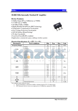 BIF5 datasheet - 50-800 MHz Internally Matched IF Amplifier