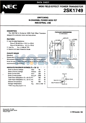 2SK1749 datasheet - SWITCHING N-CHANNEL POWER MOS FET INDUSTRIAL USE