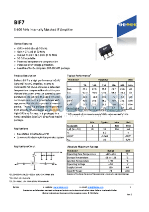 BIF7 datasheet - 5-800 MHz Internally Matched IF Amplifier