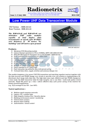 BIM-433-40 datasheet - Low Power UHF Data Transceiver Module