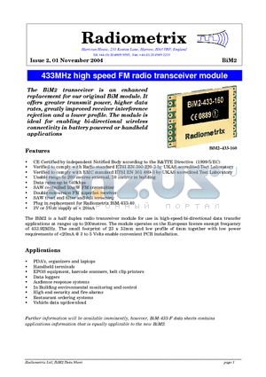 BIM2 datasheet - 433MHz high speed FM radio transceiver module