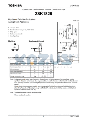 2SK1826 datasheet - N CHANNEL MOS TYPE (HIGH SPEED SWITCHING, ANALOG SWITCH APPLICATIONS)
