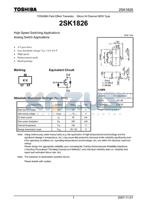 2SK1826_07 datasheet - N CHANNEL MOS TYPE (HIGH SPEED SWITCHING, ANALOG SWITCH APPLICATIONS)