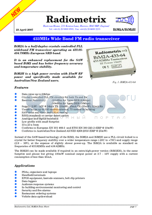 BIM2A-433-64-CD-5V datasheet - 433MHz Wide Band FM radio transceiver