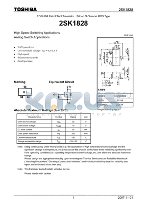 2SK1828_07 datasheet - N CHANNEL MOS TYPE (HIGH SPEED SWITCHING, ANALOG SWITCH APPLICASTIONS)