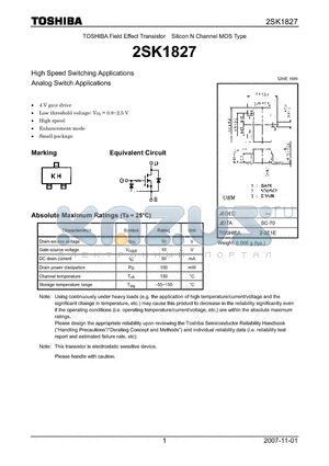 2SK1827 datasheet - N CHANNEL MOS TYPE (HIGH SPEED SWITCHING, ANALOG SWITCH APPLICATIONS)