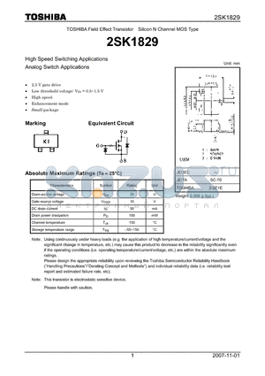 2SK1829 datasheet - N CHANNEL MOS TYPE (HIGH SPEED SWITCHING, ANALOG SWITCH APPLICATIONS)