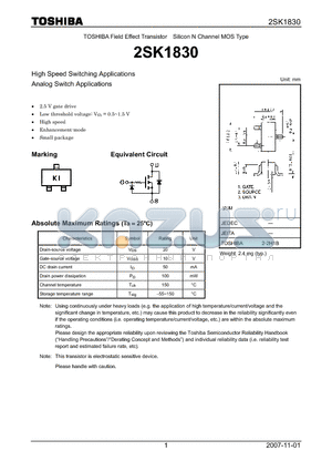 2SK1830 datasheet - N CHANNEL MS TYPE (HIGH SPEED SWITCHING, ANALOG SWITCH APPLICATIONS)