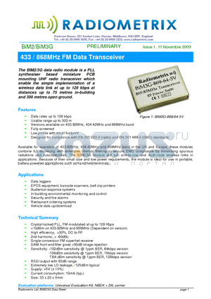 BIM2G-433-128-CD-5V datasheet - 433 / 868MHz FM Data Transceiver