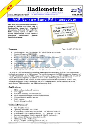 BIM1-173.225-10 datasheet - VHF Narrow Band FM transceiver