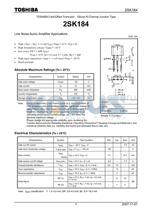2SK184 datasheet - Silicon N Channel Junction Type Low Noise Audio Amplifier Applications