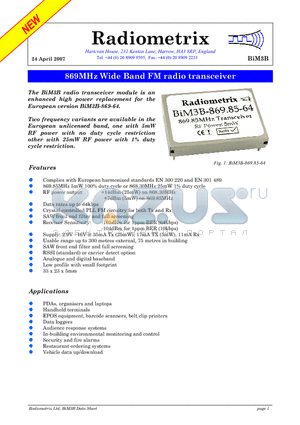 BIM3B datasheet - 869MHz Wide Band FM radio transceiver