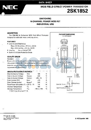 2SK1852 datasheet - SWITCHING N-CHANNEL POWER MOS FET INDUSTRIAL USE