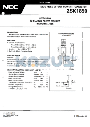 2SK1850 datasheet - SWITCHING N-CHANNEL POWER MOS FET INDUSTRIAL USE