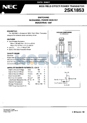 2SK1853 datasheet - SWITCHING N-CHANNEL POWER MOS FET INDUSTRIAL USE
