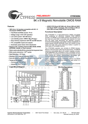 CY9C6264-70SNC datasheet - 8K x 8 Magnetic Nonvolatile CMOS RAM