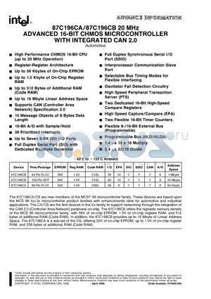 AN80196CB datasheet - ADVANCED 16-BIT CHMOS MICROCONTROLLER WITH INTEGRATED CAN 2.0