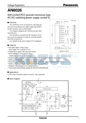 AN8026 datasheet - Self-excited RCC pseudo-resonance type AC-DC switching power supply control IC