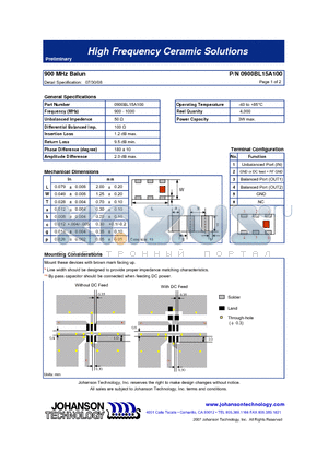 0900BL15A100 datasheet - 900 MHz Balun