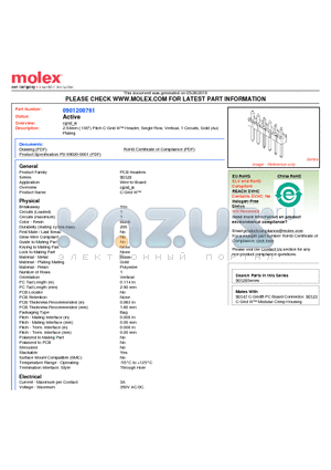 0901200761 datasheet - 2.54mm (.100) Pitch C-Grid III Header, Single Row, Vertical, 1 Circuits, Gold (Au) Plating