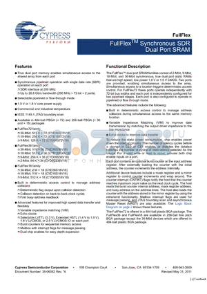 CYD18S72V18-167BGXC datasheet - FullFlex Synchronous SDR Dual Port SRAM Commercial and Industrial temperature