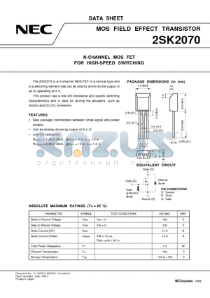 2SK2070 datasheet - N-CHANNEL MOS FET FOR HIGH-SPEED SWITCHING