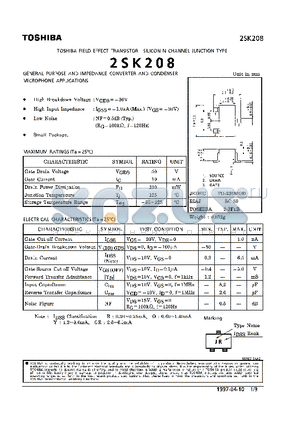 2SK208 datasheet - N CHANNEL JUNCTION TYPE (GENERAL PURPOSE AND IMPEDANCE CONVERTER AND CONDENSER MICROPHONE APPLICATIONS)