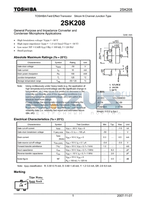 2SK208 datasheet - Silicon N Channel Junction Type General Purpose and Impedance Converter and Condenser Microphone Applications