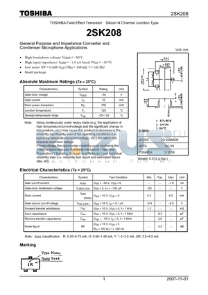 2SK208_07 datasheet - Silicon N Channel Junction Type General Purpose and Impedance Converter and Condenser Microphone Applications