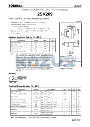 2SK209 datasheet - Silicon N Channel Junction Type Audio Frequency Low Noise Amplifier Applications