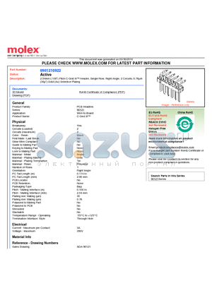 0901210922 datasheet - 2.54mm (.100) Pitch C-Grid III Header, Single Row, Right Angle, 2 Circuits, 0.76lm (30l) Gold (Au) Selective Plating