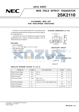 2SK2110 datasheet - N-CHANNEL MOS FET FOR HIGH-SPEED SWITCHING