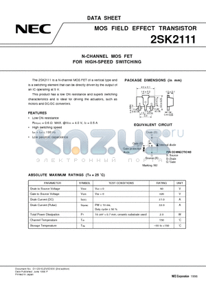 2SK2111 datasheet - N-CHANNEL MOS FET FOR HIGH-SPEED SWITCHING