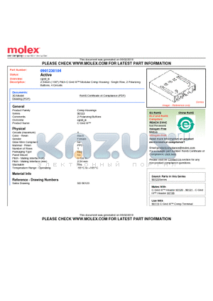 0901230104 datasheet - 2.54mm (.100) Pitch C-Grid III Modular Crimp Housing - Single Row, 2 Polarizing Buttons, 4 Circuits