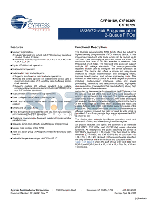 CYF1018V18L-100BGXI datasheet - 18/36/72-Mbit Programmable 2-Queue FIFOs Independent read and write ports