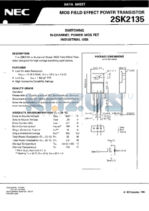 2SK2135 datasheet - SWITCHING N-CHANNEL POWER MOS FET INDUSTRIAL USE