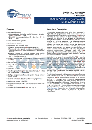 CYF2018V18L-100BGXI datasheet - 18/36/72-Mbit Programmable Multi-Queue FIFOs Independent read and write ports