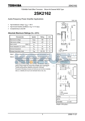 2SK2162 datasheet - N CHANNEL MOS TYPE (AUDIO FREQUENCY POWER AMPLIFIER APPLICATIONS)