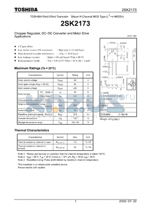 2SK2173 datasheet - Silicon N Channel MOS Type Chopper Regulator, DC−DC Converter and Motor Drive Applications