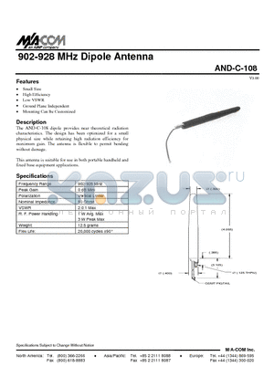 AND-C-108 datasheet - 902-928 MHz Dipole Antenna