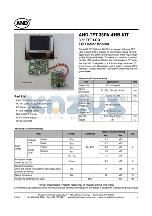 AND-TFT-35PA-4HB-KIT datasheet - LCD Color Monitor