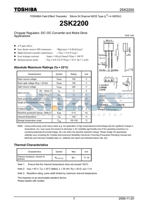 2SK2200_06 datasheet - NCHANNEL MOS TYPE (HIGH SPEED, HIGH CURRENT SWITCHING, CHOPPER REGULATOR, DC-DC CONVERTER AND MOTOR DRIVE APPLICATIONS)
