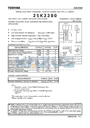 2SK2200 datasheet - NCHANNEL MOS TYPE (HIGH SPEED, HIGH CURRENT SWITCHING, CHOPPER REGULATOR, DC-DC CONVERTER AND MOTOR DRIVE APPLICATIONS)