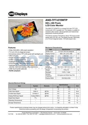 AND-TFT-070WTP datasheet - LCD Color Monitor